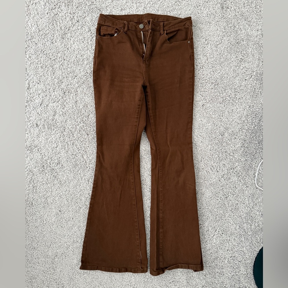 SHEIN Chocolate Brown High-Waist Flare Pants